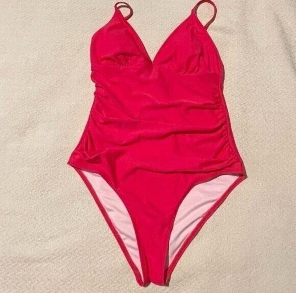Cupshe Womens One Piece Swimsuit L Pink V Neck Low Back Ruched Adjustable Straps